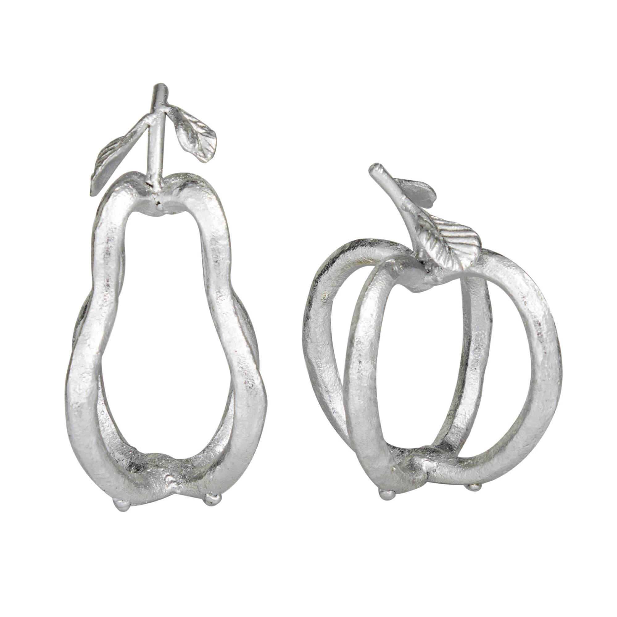 Set of 2 Silver Metal Eclectic Fruit Sculpture 8", 7"